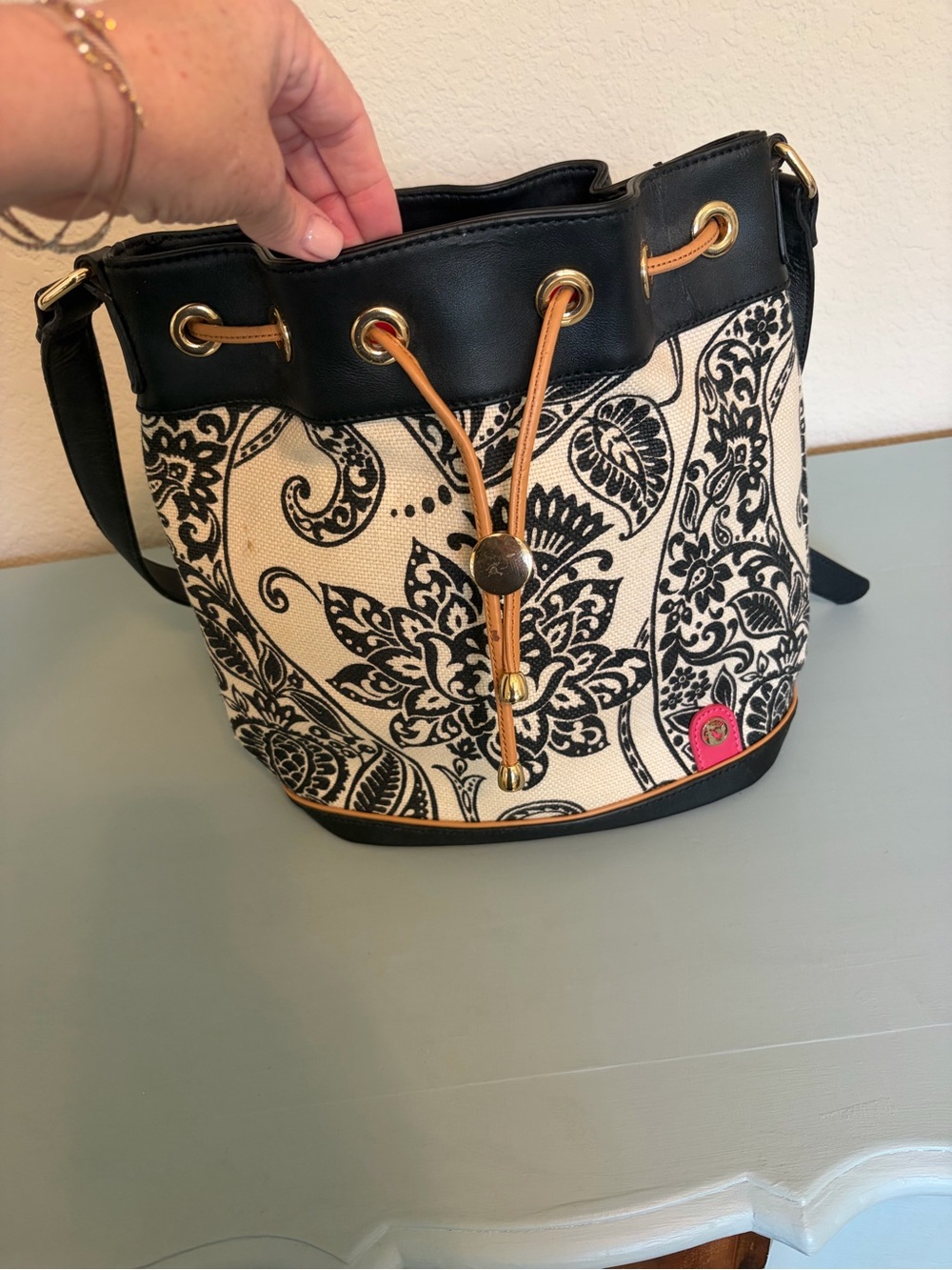 Spartina 449 Black and Cream Floral Bucket Shoulder Bag